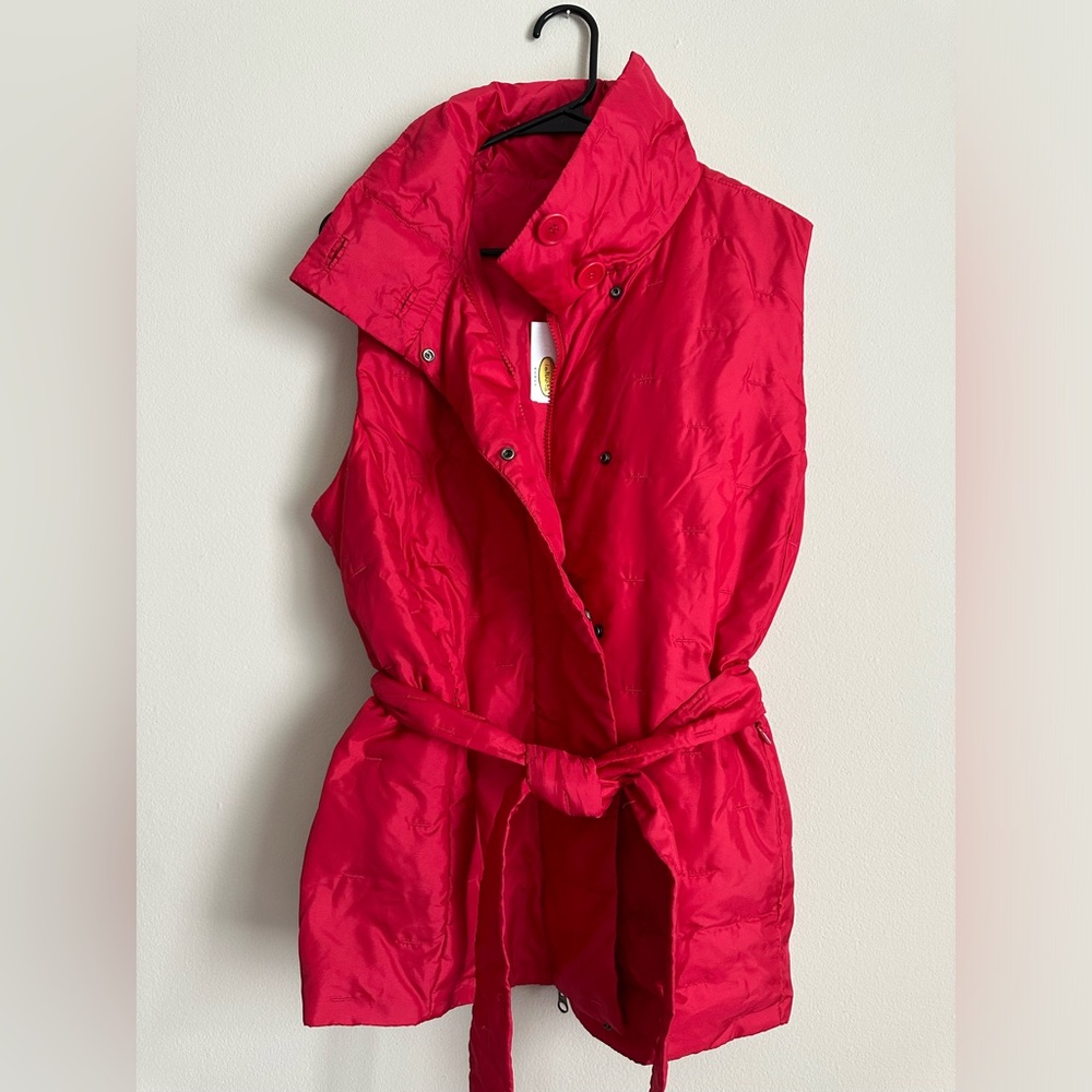 Red Puffer Vest With Belt Detail